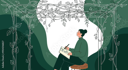 Artist Drawing Nature Scene in Greenhouse - Woman Sketching Plants