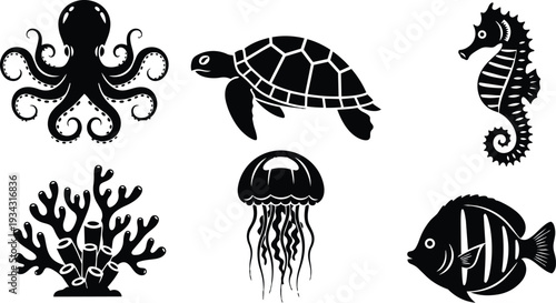 Silhouette marine icons set close up octopus turtle seahorse coral jellyfish angelfish vector style black on white flat graphic composition