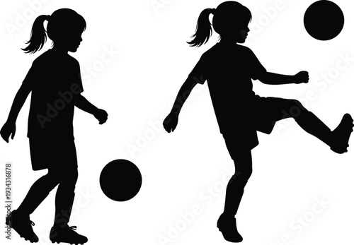 Black silhouettes of two young girls playing soccer with balls children
