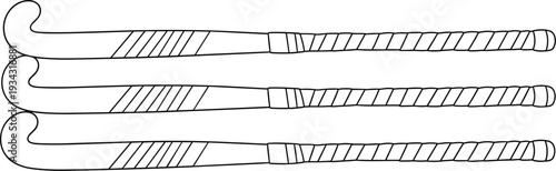 Field hockey stick vector line art set for sports equipment team league logo and athletic competition game element isolated on white background for design.