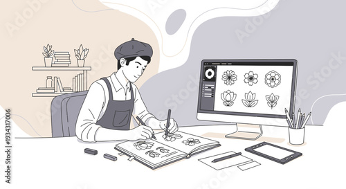Artist Drawing Flowers in Sketchbook with Computer Design Software