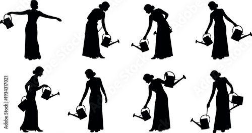 Woman watering plants silhouettes collection with watering can representing gardening activity, home garden care, horticulture work, plant nurturing and eco friendly lifestyle