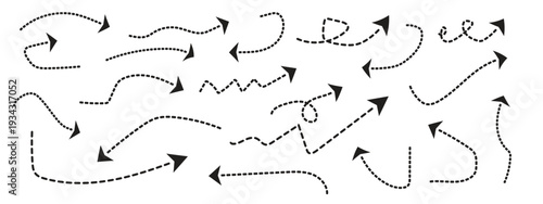 Set of double squiggle line dashed arrows. Dash curved vector editable stroke arrows.
