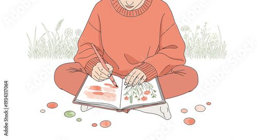 Artist drawing flowers in sketchbook, seated outdoors in nature, creative hobby
