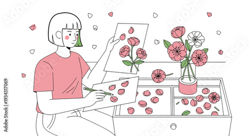 Artist Drawing Flowers in Studio, Creative Inspiration, Floral Art