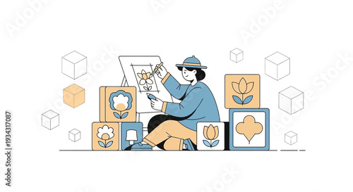 Artist Drawing Flowers on Canvas Surrounded by Floral Blocks and Cubes