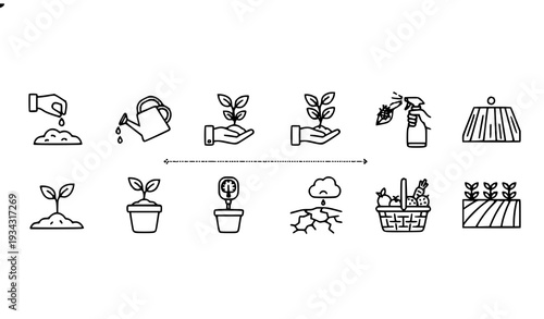 Agriculture Plant Growing Process Line Icons Vector with Seed Sprout Soil Testing and Drought Outline