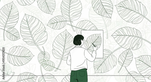 Artist Drawing Leaf Pattern on White Background - Creative Nature Art