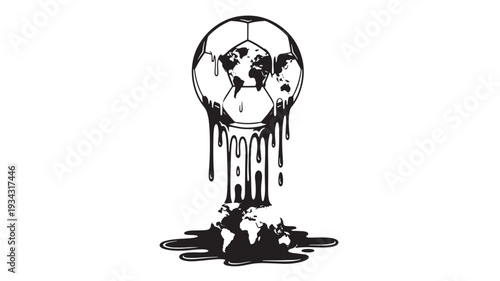 Melting globe sculpture in black and white dripping paint for environmental awareness campaign