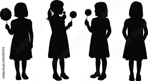 Four black silhouettes of young girls eating candy children cotton candy