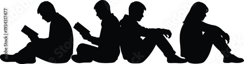 Four people sitting and reading books in black silhouette on white background
