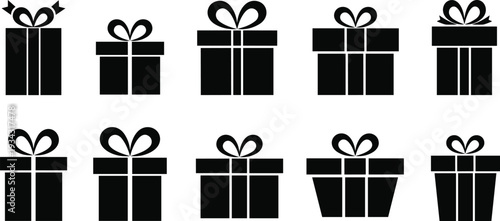 Set of gift box silhouettes with different ribbons and bows for holiday celebration birthday and christmas presents isolated on white, cad drawing flat vector illustration