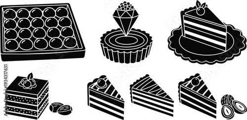 Flat black dessert icons top view cake slices tart pastry box of macarons cheesecake slice with cherry on plate and layered cake piece close up illustration