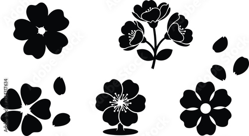 Minimal black cherry blossom silhouette set close up six floral motifs scattered petals flat vector style isolated on white background simple botanical design elegant graphic cluster