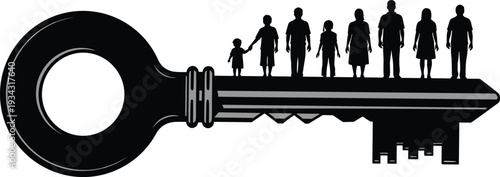Large key with people standing on it family silhouette black