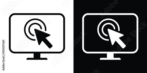 Monitor icon with a solid cursor and concentric target rings. Vector graphic symbolizing a precise click, focus, or digital selection on a computer screen for tech and data applications.