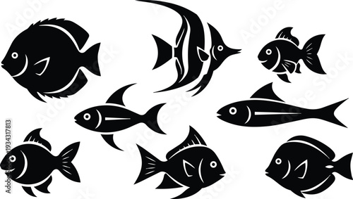 Black vector fish silhouettes arranged in a horizontal pattern school of tropical fish in flat icon style isolated on white background simple bold composition close up