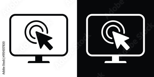 Monitor icon with a solid cursor and concentric target rings. Vector graphic symbolizing a precise click, focus, or digital selection on a computer screen for tech and data applications.