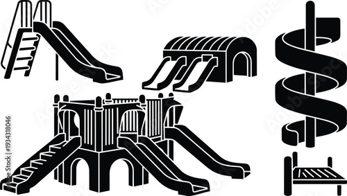 Playground slide collection showing single double spiral enclosed ladder and castle style multi slide structure viewed from low angle bright daylight playful scene modern black silhouette