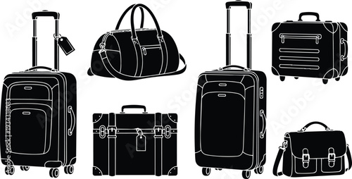 Minimal vector luggage set close up three wheeled suitcases duffel travel trunk messenger bag side view on white background high contrast silhouette telescoping handles rolling wheels