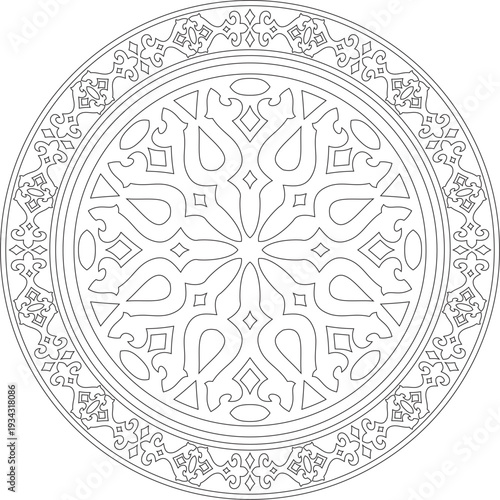 Kazakh national round black outline frame ornament. Ethnic pattern. The circle ring reflects nomadic culture. Suitable for design and textiles.