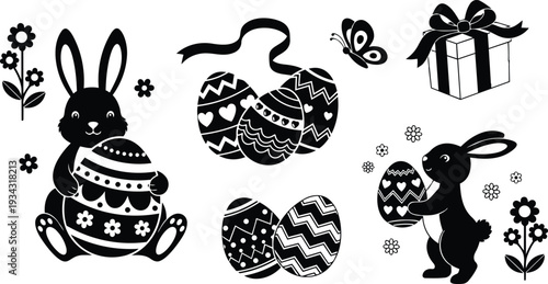Silhouette vector close up two playful bunnies holding decorated eggs with ribbon gift box and flowers easter composition in black and white landscape spring playful mood