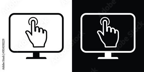 Touch screen monitor icon with a hand gesture. Vector illustration of a finger tapping a computer display, available in black and white versions for UI/UX design and digital interaction.