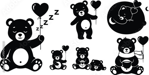 Cute sleeping teddy bear silhouette holding heart balloon multiple bear poses set including standing sitting cuddling moon scene simple black vector illustration for nursery art print