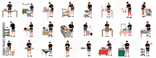 University staff and students prepare, serve, and manage Korean buffet-style and individual meals, showcasing various food service tasks for a festive holiday event.