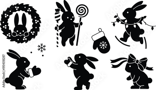 Playful black silhouette bunnies in winter festive icons peeking from wreath holding lollipop skating with string lights wearing mittens and bow on white background holiday christmas
