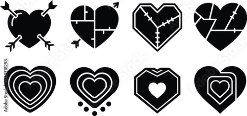 Flat black heart icon set eight variations broken stitched layered concentric hearts with arrows close up on white background bold graphic simple vector style minimal monochrome