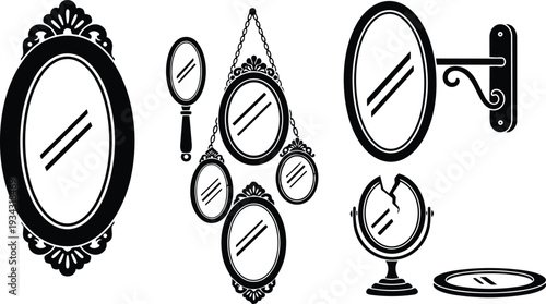 Vintage ornate oval wall mirror cluster and handheld magnifying mirror set shown in black silhouette on white background close up detailed decorative frames swivel bracket