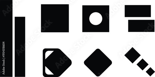 Minimalist black geometric shapes grid high contrast close up simple icons including vertical bars square with circular cutout stacked rectangles rotated diamond and diagonal small squares