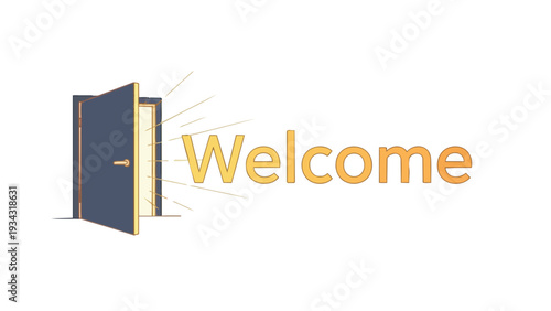 An inviting golden welcome message with an open door graphic radiating light, symbolizing new beginnings, opportunities, and warm hospitality for