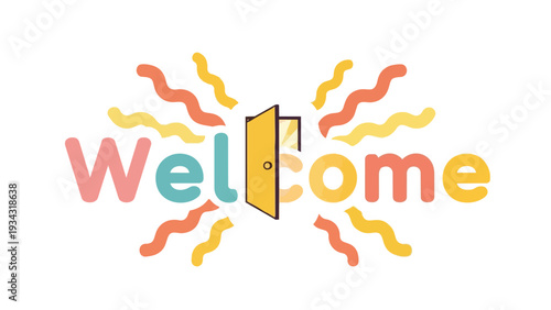 A cheerful, inviting graphic showcasing the word 'Welcome' with an open door replacing a letter, surrounded by vibrant, undulating lines on a bright