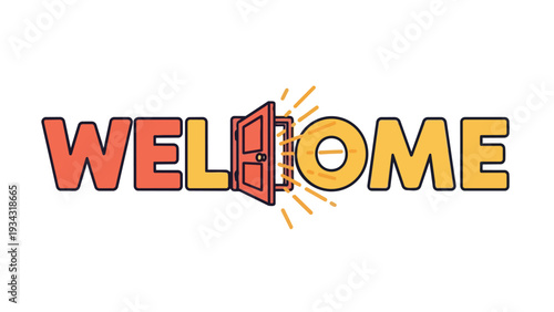 A vibrant digital illustration displaying the word 'WELCOME' with an inviting open doorway cleverly replacing the central letters, symbolizing new