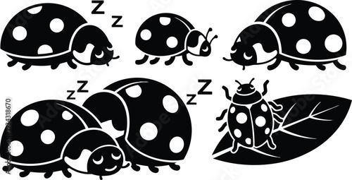 Whimsical silhouette ladybug group sleeping on leaf close up side view cute spotted beetles in calm cartoon style soft mood black and white high contrast minimal