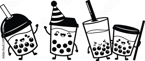 Cute kawaii illustrated bubble tea characters dancing in a row smiling with straws party hat and boba pearls close up black and white vector playful portrait