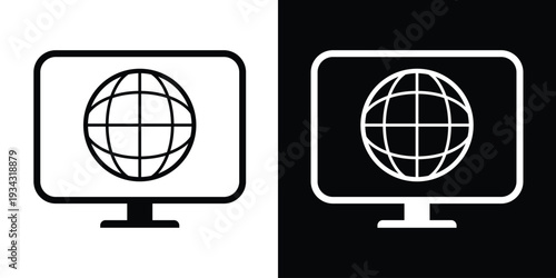 Monitor icon with a globe symbol on the screen. Vector graphic representing global network, world wide web, international connectivity, and online communication for technology themes.