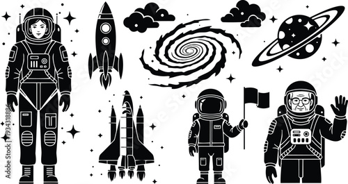 Retro space icon set close up female astronaut standing rocket launch and waving astronaut holding flag spiral galaxy planet with rings black helmet gloves visor illustration