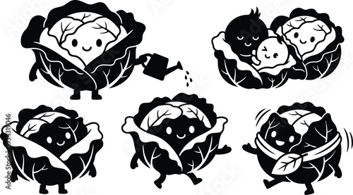 Playful kawaii cabbage characters close up in black and white vector art showing smiling watering can baby hugging dancing walking poses studio isolated minimal mood cheerful