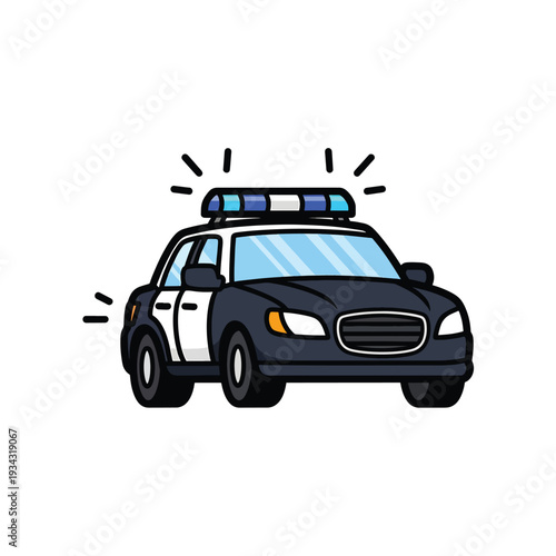 Police car speeding with lights flashing on a clear road from a front viewpoint illustration