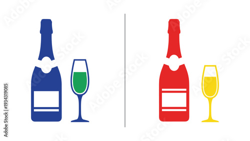 Contrast between wine bottle styles and their respective glasses in vibrant colors