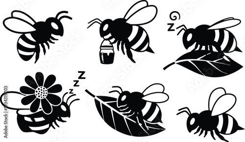 Cute black bee icon set close up wing detail honey jar sleeping bees on leaf and flower vector style flat silhouette collection simple high contrast isolated