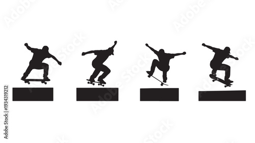Silhouette skateboarder performing tricks on ledge in black and white isolated on white background for graphic design