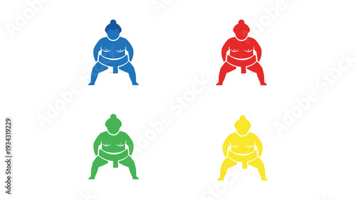 Four colorful judo athletes in traditional stances on a plain background