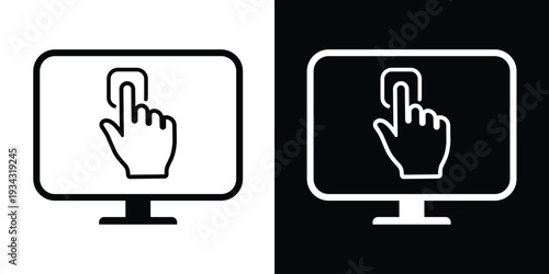 Touch screen monitor icon with a hand gesture. Vector illustration of a finger tapping a computer display, available in black and white versions for UI/UX design and digital interaction.