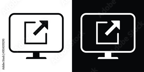 Computer screen icon featuring an external link or export arrow symbol. Modern vector illustration for web navigation, data sharing, and opening new windows in black and white versions.