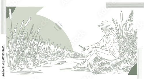 Person Sitting by Stream, Sketchy Style, Nature Scene, Cattails, Peaceful