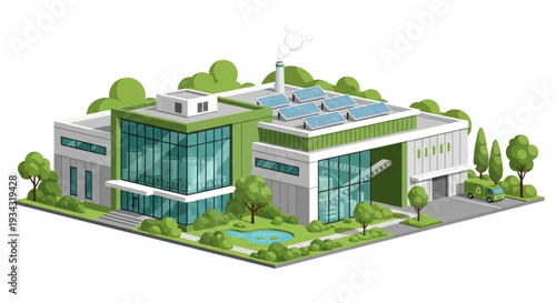 Modern Green Building with Solar Panels.